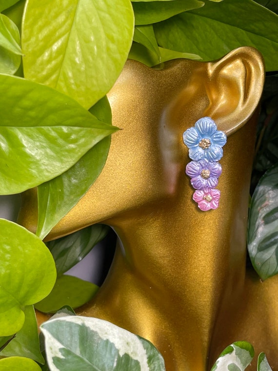 Palm Beach Tropical Spring Lavender triple Flower hoop Floral Statement Earrings Clay Studs Dangles blue pink purple gold