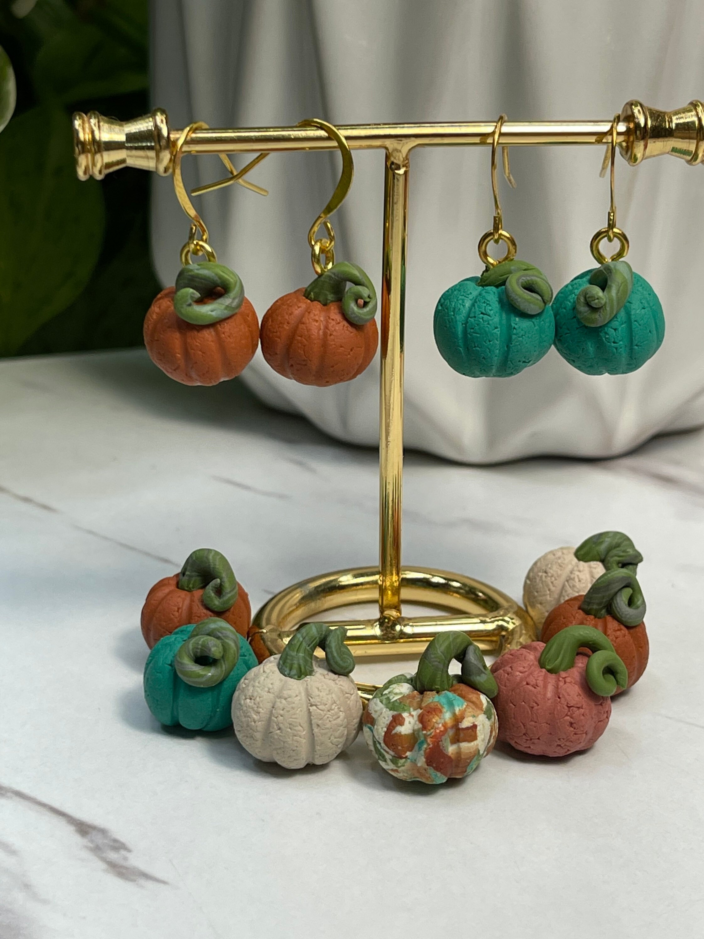 Fidget Collection pumpkins Statement textured Earrings Small rust teal  mustard Clay Jewelry Gold Clay Beads arch interactive