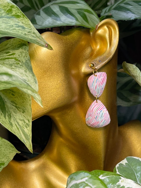 Rainbow Marbled Stripes Dangles Studs Resin Coated Statement Earrings Clay Jewelry Lightweight Unique Vintage Look