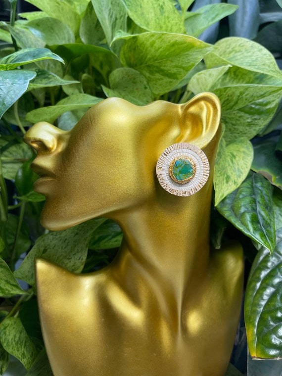Mosaic Soutache Gem Gold Foil Earrings Statement Dangles Fringe Hand Cut Custom Stud oversized 1”