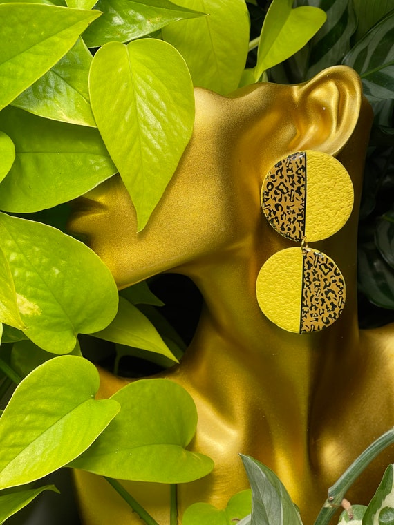Modern Movement Dangles Rock Candy Print Collection Statement Earrings Clay Jewelry animal print Leopard cheetah black yellow studs