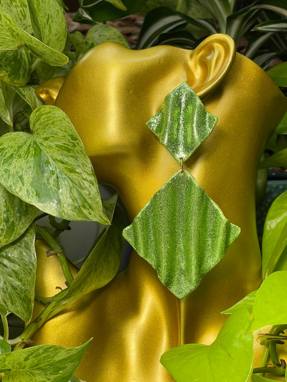 Draped in the Glam Glitter Double Statement Earrings Clay Handcrafted Green Lime Dangles draped wave gold