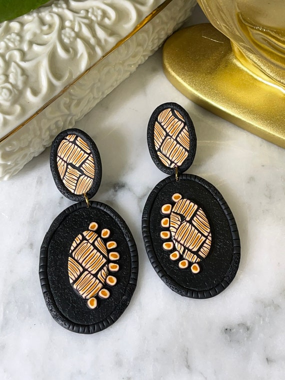 Tribal Print Life’s Journey Collection Statement Earrings Clay Handcrafted Dangles Black White Chartreuse Hoops small