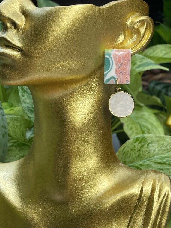 Ocean Jasper Faux Stone Collection Statement Earrings Clay Jewelry Lightweight Gold pearl Translucent Geode Lace Agate silver