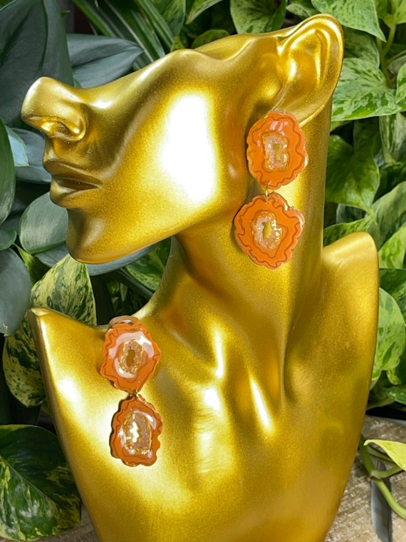 Pumpkin Quartz Dream 2 tier Faux Stone Collection Orange Gold Statement Earrings Clay Jewelry Lightweight Unique Translucent Geode Agate