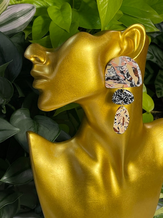 Mosaic Marble Art Gold Stud Post Hand Cut Hypoallergenic Statement Earrings Clay Jewelry