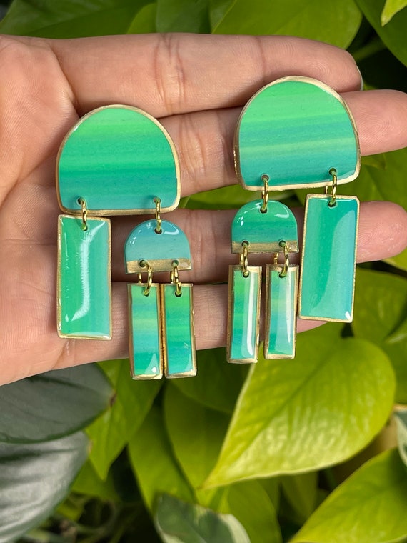 Ocean Stripes Cleo collection Statement Earrings Large Dangles Big bold chic lightweight jewelry oversized elegant
