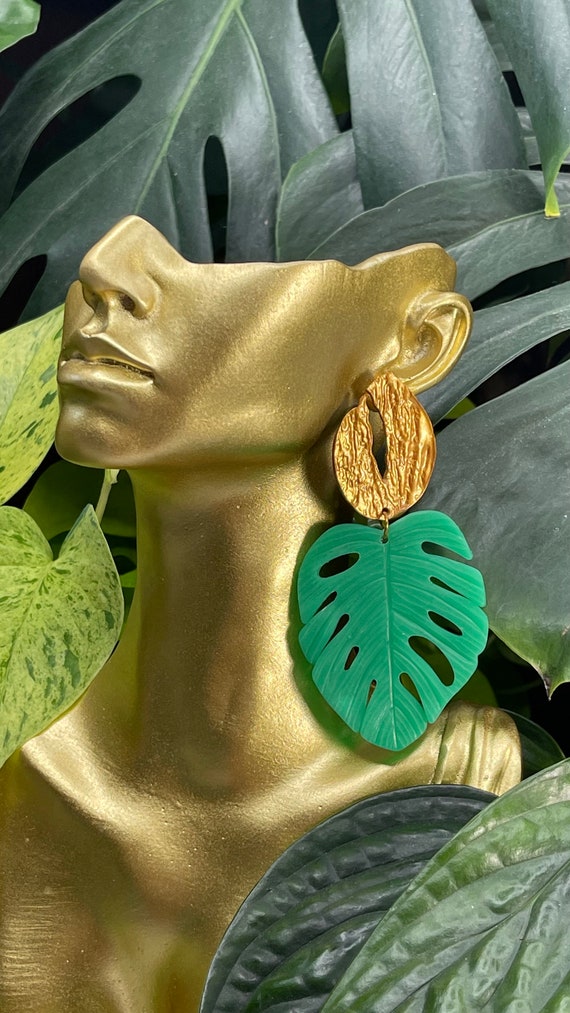 Sea Glass Hand Carved Monstera Earrings Etsy CommercialPalm Beach Statement