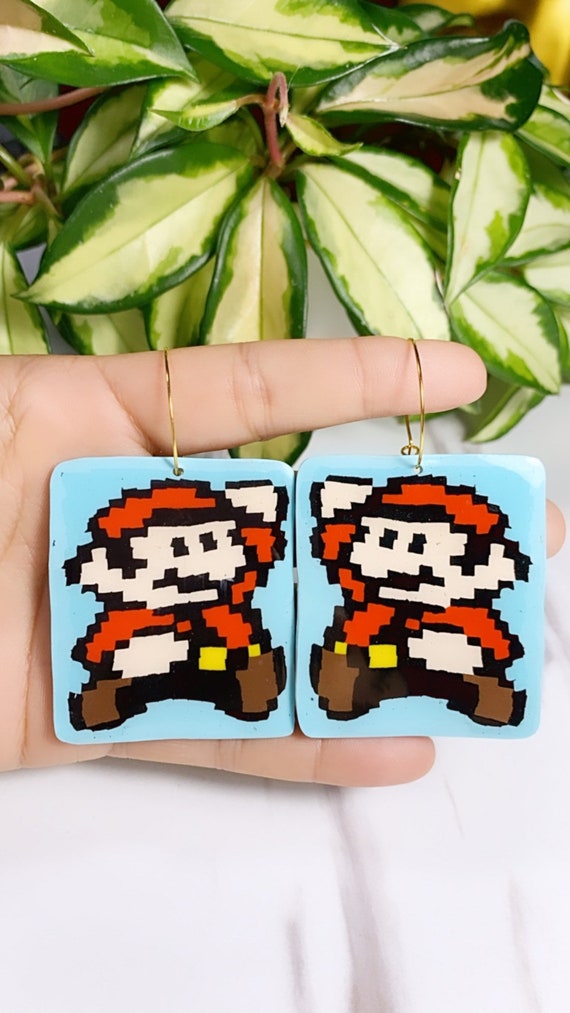 Super Mario Inspired Statement Earrings 8 bit Gamer Retro Polymer Clay Resin dangle Hoops Super Size XL