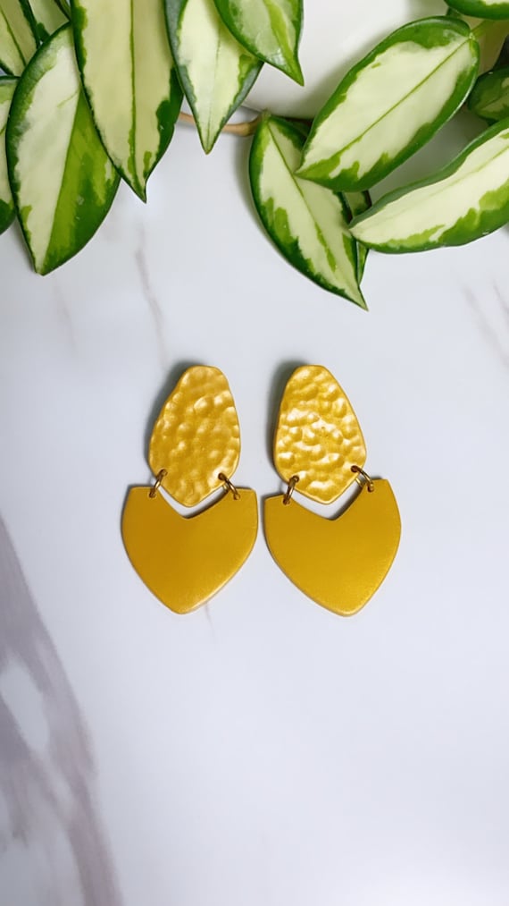 Not So Plain Jane Collection Gold hammered stud Statement Earrings Clay Jewelry Green