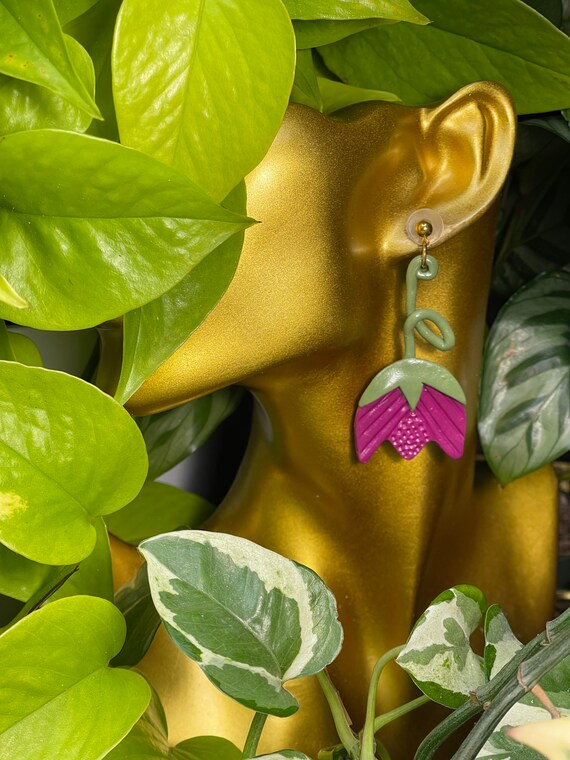 Spring Floral Art Tulips On Stem Gold Hoop Stud Post Hand Cut Hypoallergenic Statement Earrings Clay Jewelry coral plum
