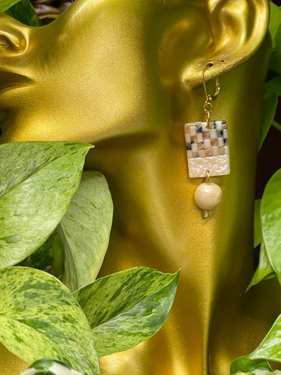 Tortoise Shell Pearl checkered stud Statement Earrings Clay Handcrafted Dangles draped wave gold checker board