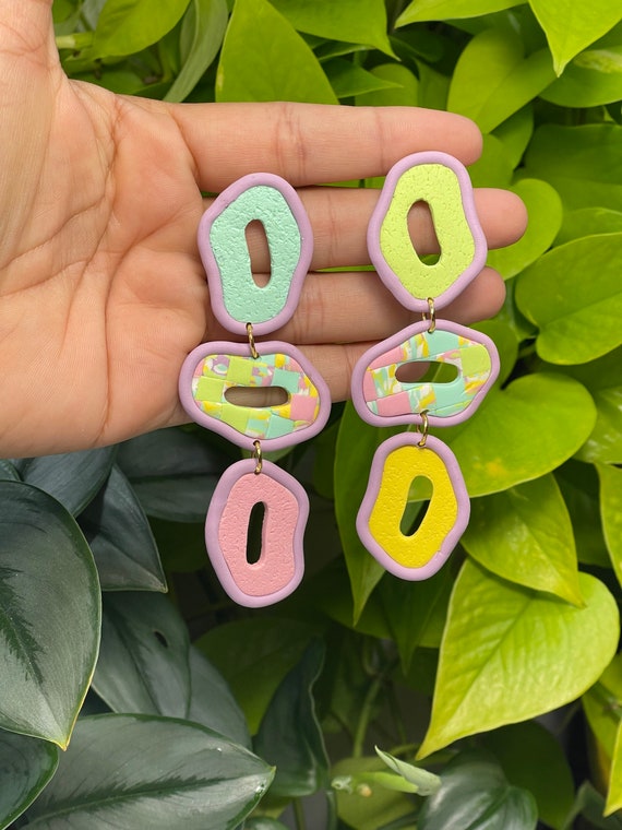 Modern Movement Pastels checkerboard Collection Statement Earrings Clay Jewelry Organic Art Bobo chic light weight oversized danish goth