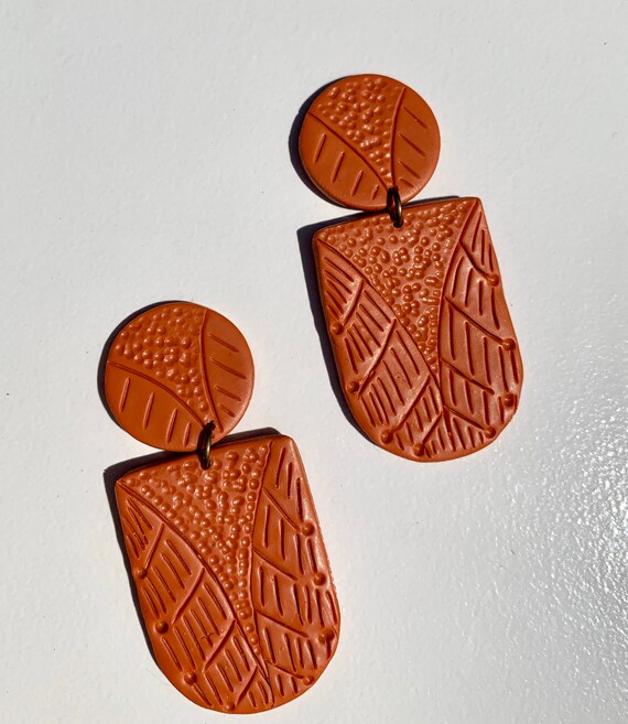 Indian Summer Collection BoHo Statement Earrings Clay Original unique Dangles Arrowhead Leaf Orange Rust Teal Yellow