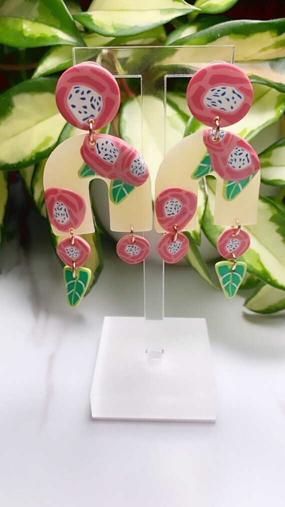 Spring Fling Arch Dangle rose Coral Blue white Green Leaf and gold Statement Earrings Large floral petal