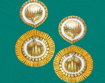 Mosaic Shell Gold Earrings Tropical Statement Dangles Fringe Hand Cut Custom Stud Bay scallop