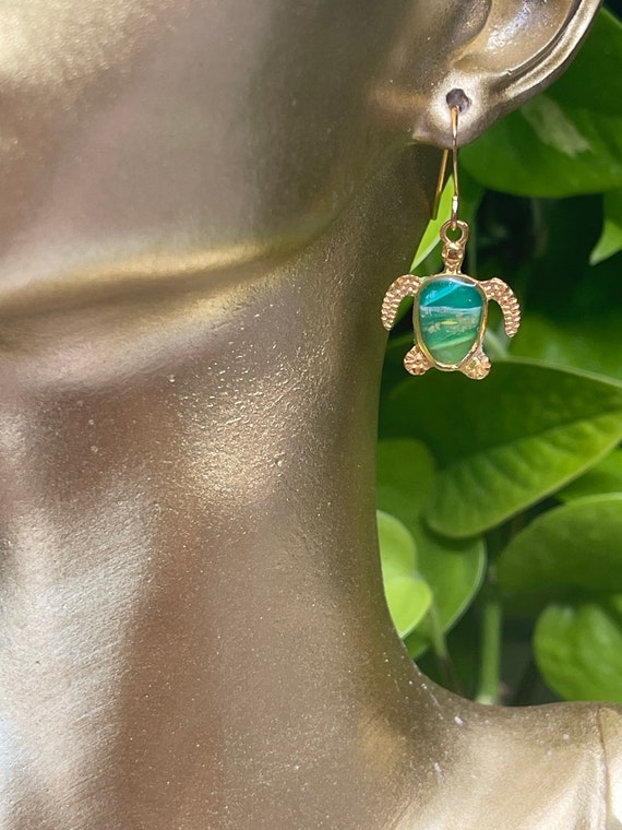 Framed Sea Turtles Gold Dainty Small Hooks Drop Collection Statement Blues Green  Earrings Clay Jewelry