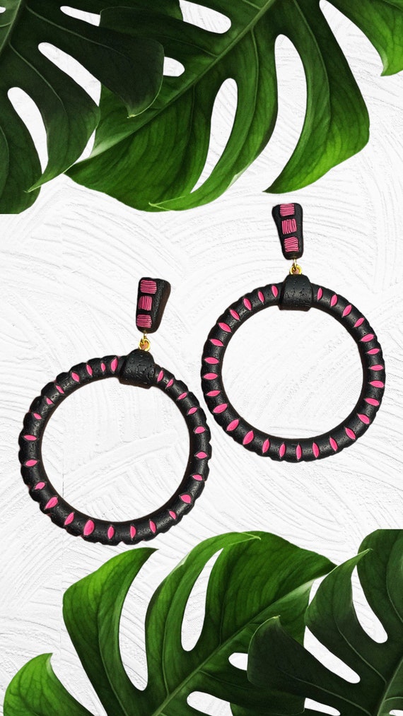 Hand Carved hoops Collection Statement Earrings Clay Handcrafted Dangles Black hot pink Hoops large