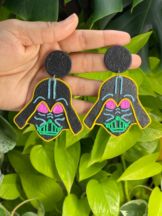 Custom Neon Galaxy Wars  Inspired Statement Earrings Gamer Retro Polymer Clay Resin dangle Hoops Super Size Medium with Brick