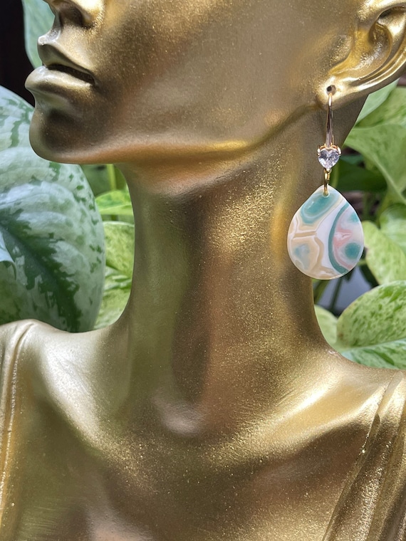 Ocean Jasper Faux Stone Collection Statement Earrings Clay Jewelry Lightweight Gold pearl Translucent Geode Lace Agate silver
