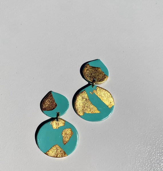 Spring Fling Contemporary Mint and gold Statement Earrings Large Dangles Polymer clay and Arch Teal Pink Coral