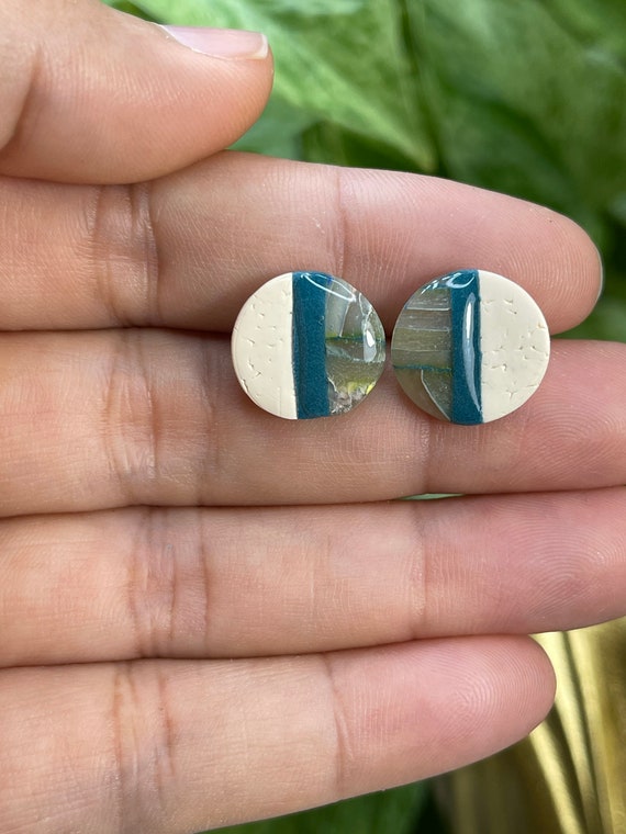 Teal Marble Dream Faux Stone Collection Small stud Statement Earrings Clay Lightweight Unique Black Gold Translucent Saints