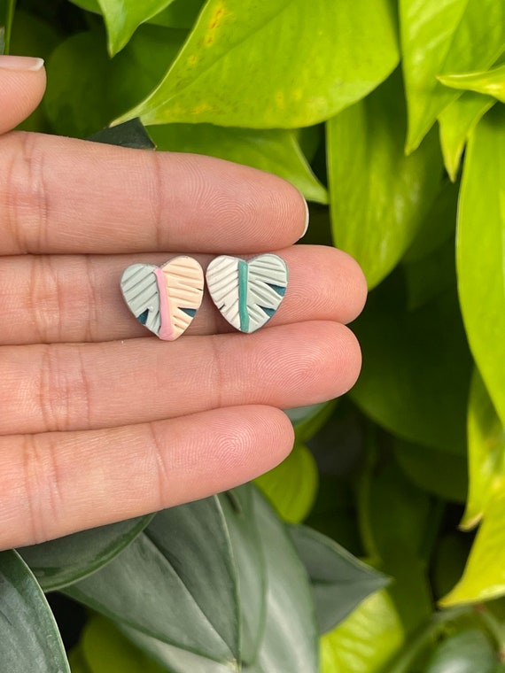Tropical Abstract Monstera heart studs Print Collection Statement Earrings Clay Jewelry cream ecru olive pink teal mini Color blocked