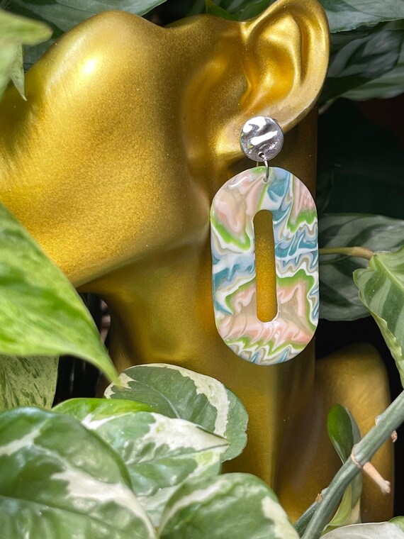 Quartz Dream Faux Stone Collection Statement Earrings Clay Jewelry Lightweight silver Translucent Geode Lace Agate