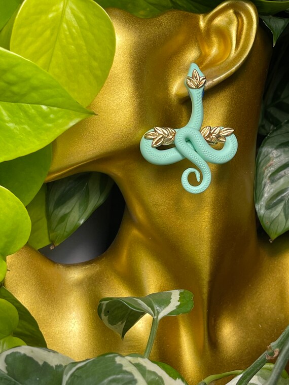 Jungle Slithereens Statement Earrings Large Silver Gold Post serpent snake Python Aqua turquoise Gold studs boho