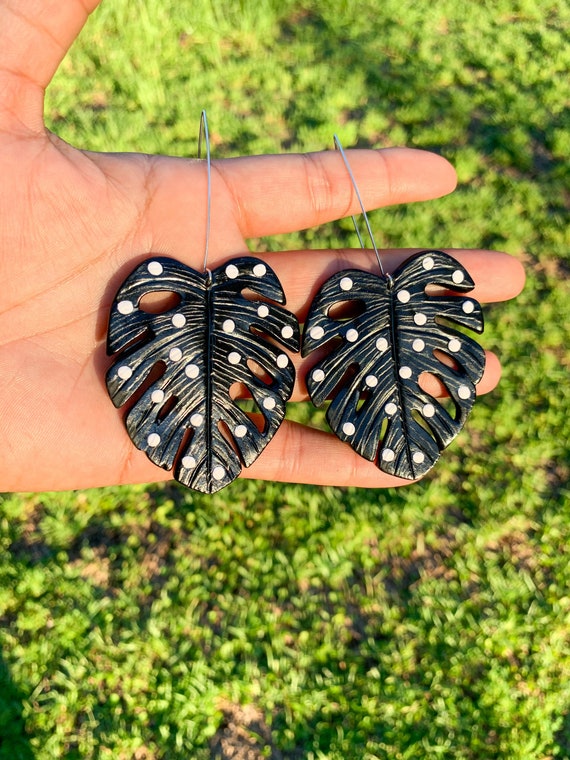 Palm Beach Monstera Big Statement Earrings Black And White polka dots Gold or silver Hooks Leaf Dangles