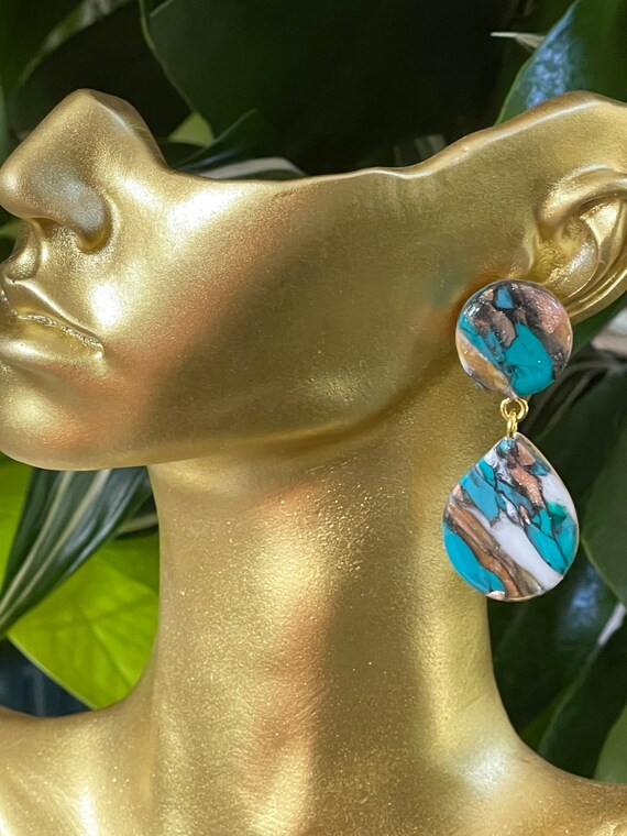 Fall Tropicals collection oyster turquoise Statement Earrings Clay Jewelry Organic Art Bobo chic concrete