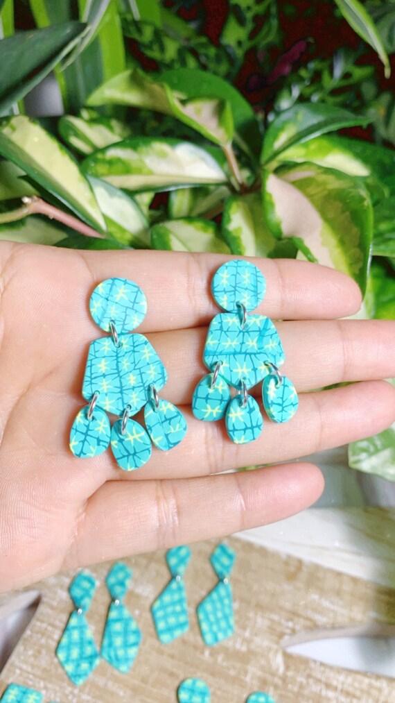 Spring Fling Contemporary Mint Lemonade gold Statement Earrings Large Dangles Polymer clay and Arch Yellow dangles small