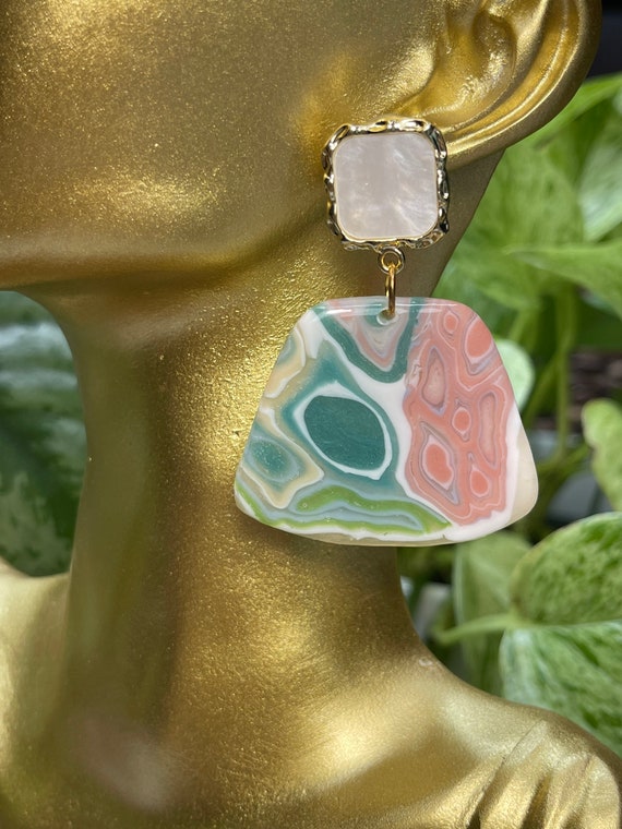 Ocean Jasper Faux Stone Collection Statement Earrings Clay Jewelry Lightweight Gold pearl Translucent Geode Lace Agate silver