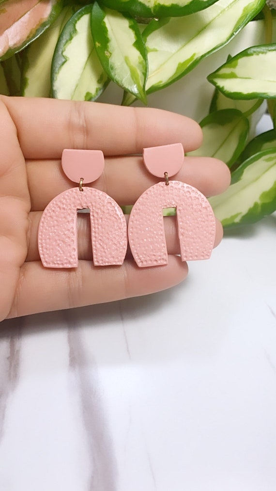 Spring Fling Contemporary pink coral and gold Statement Earrings Large Dangles Polymer clay and Arch