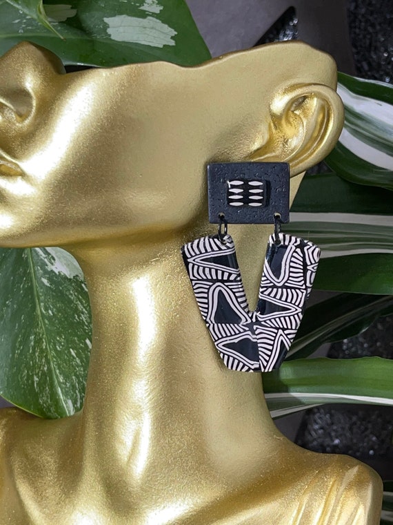 Tribal Print Life’s Journey Collection Statement Earrings Clay Handcrafted Dangles Black Ecru Cinnamon