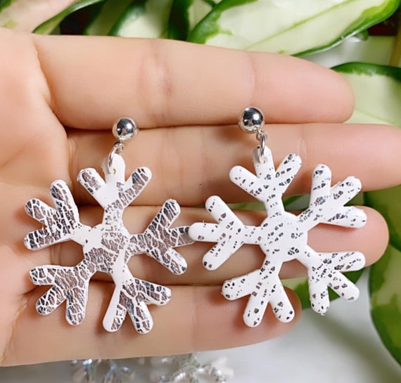 Winter Wonderland Let It Snow Collection stud dangle Statement Earrings Clay Jewelry Green tree sage silver foil
