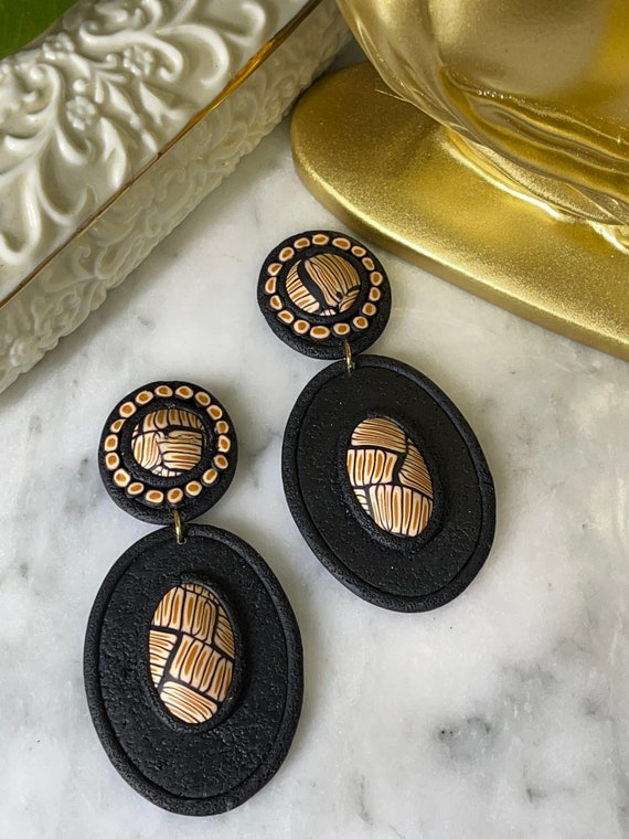 Tribal Print Life’s Journey Collection Statement Earrings Clay Handcrafted Dangles Black White Chartreuse Hoops small