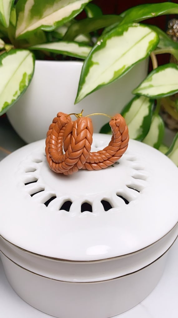 Rope Braid hoops Small Statement Cognac rust terra cotta Earrings Fall Clay hoops olive green knit crochet