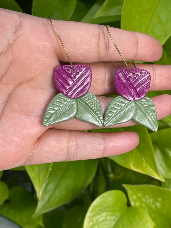 Spring Floral Art Tulips Medium Gold Hoop Stud Post Hand Cut Hypoallergenic Statement Earrings Clay Jewelry coral plum