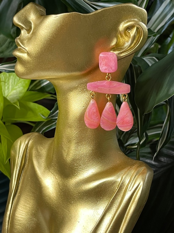Complexed Simplicity Collection Statement textured Earrings Small Rose quartz marble Clay Jewelry Gold Clay Beads pink