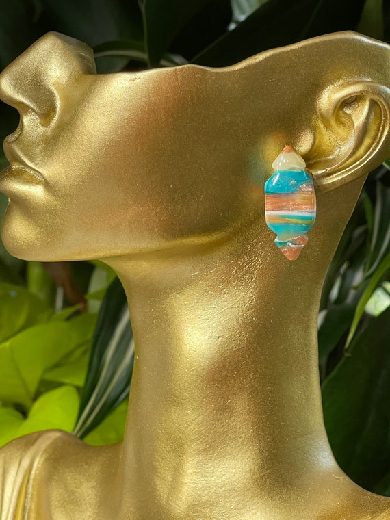 Fall Tropicals collection oyster turquoise Statement Earrings Clay Jewelry Organic Art Bobo chic concrete