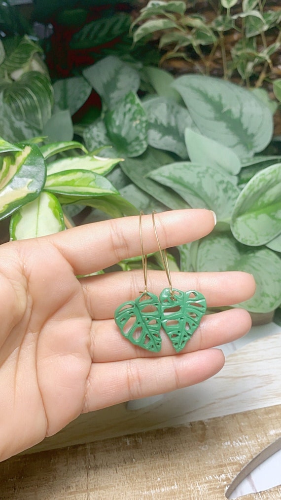 Monstera Adansonii Leaf Statement Earrings Hand Cut plant lady Gold