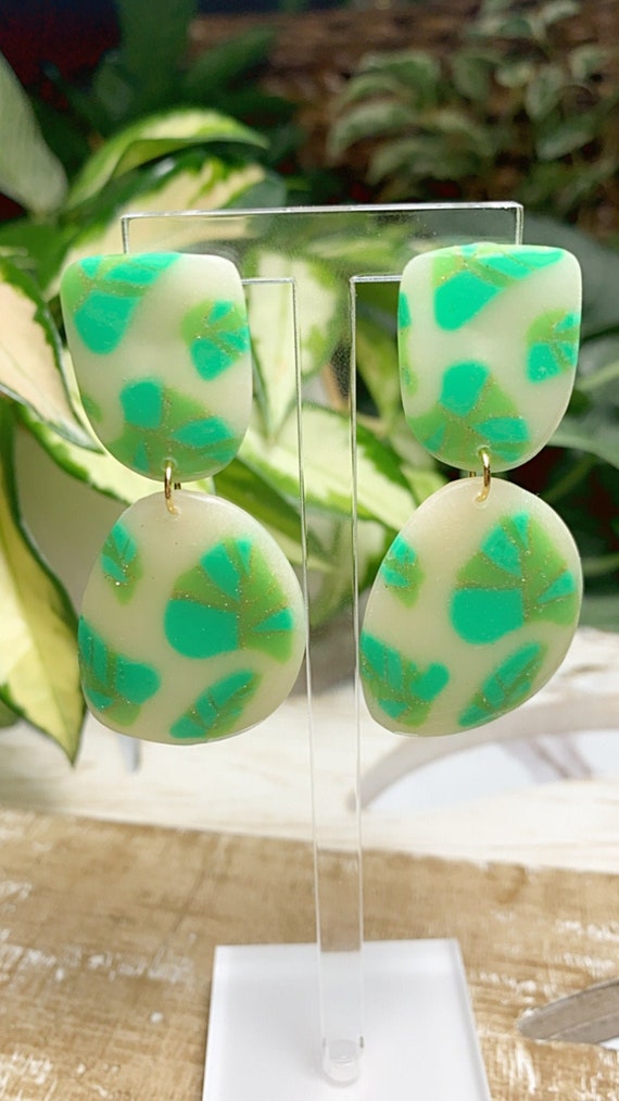 Monstera Painted Glass Statement Earrings Green Translucent Resin Coated
