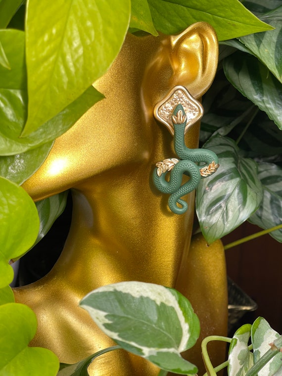 Jungle Slithereens Statement Earrings Silver Gold Post serpent snake Python Green Gold studs boho