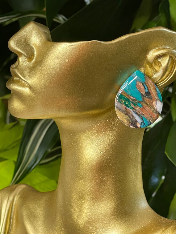 Fall Tropicals collection oyster turquoise Statement Earrings Clay Jewelry Organic Art Bobo chic concrete