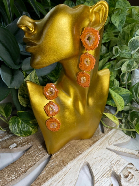 Pumpkin Quartz Dream 3 tier Faux Stone Collection Orange Gold Statement Earrings Clay Jewelry Lightweight Unique Translucent Geode Agate