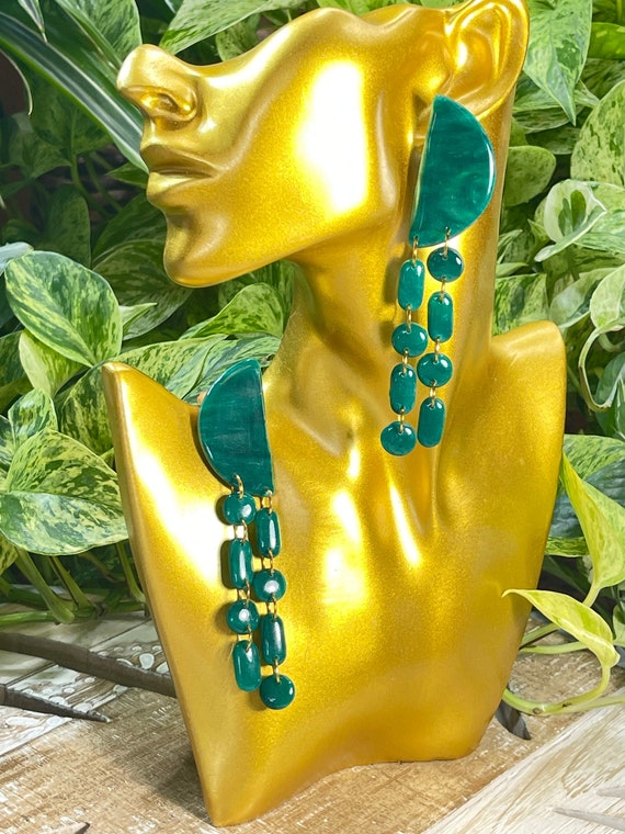 Emerald Green Dream Collection Oversized Mega Statement Earrings Clay Jewelry Lightweight Unique Vintage Look