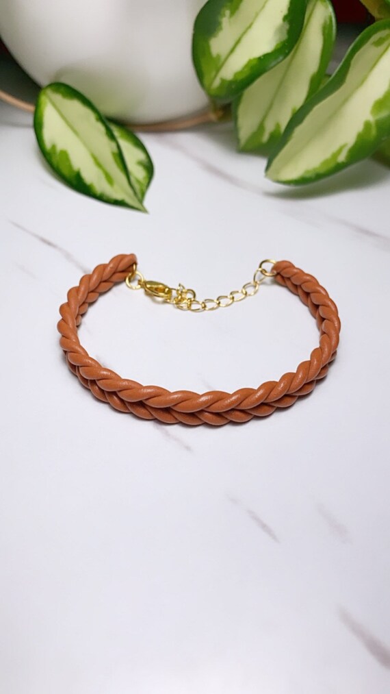 Rope Braid Bracelet adjustable clasp Cognac rust terra cotta Earrings Fall Clay olive green knit crochet
