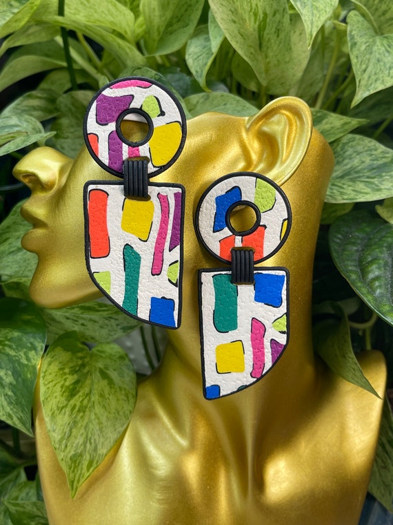 90’s Warriors Medium Statement Earrings Clay Jewelry Lightweight Unique 80’s Vintage pink yellow orange blue green black  geometric