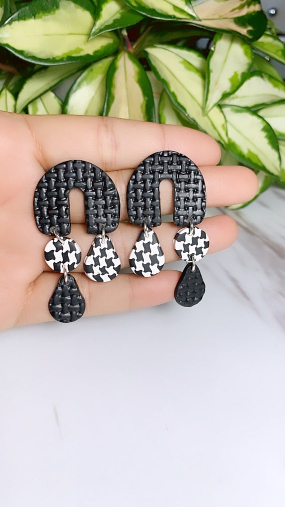 Not So Plain Jane Collection Gold Houndstooth black white minimalist stud arch Statement Earrings Clay Jewelry